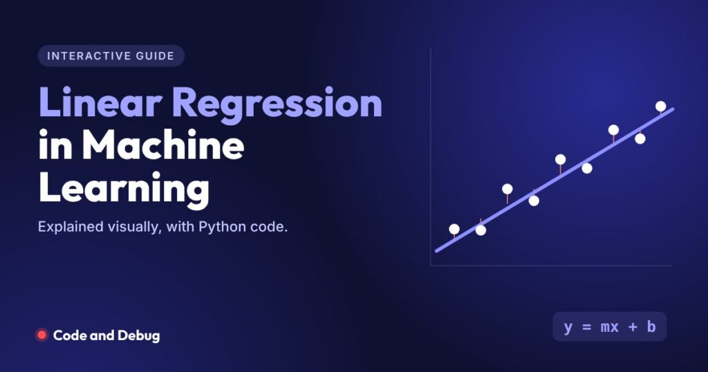 Linear regression in machine learning: best-fit line through data points with errors, y = mx + b