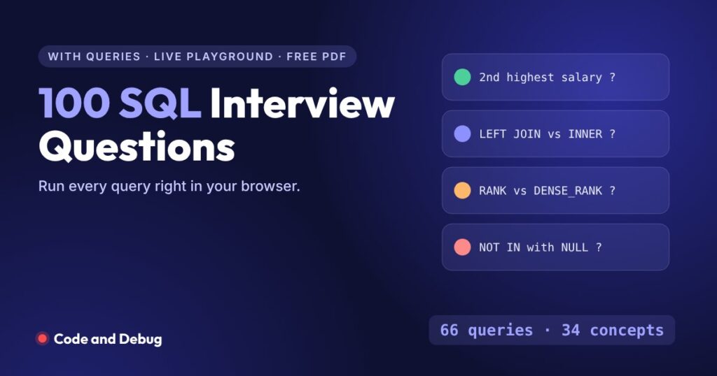 100 SQL Interview Questions with Queries and Answers (Freshers to Experienced) 100 SQL interview questions with queries and answers, live SQL playground and free PDF